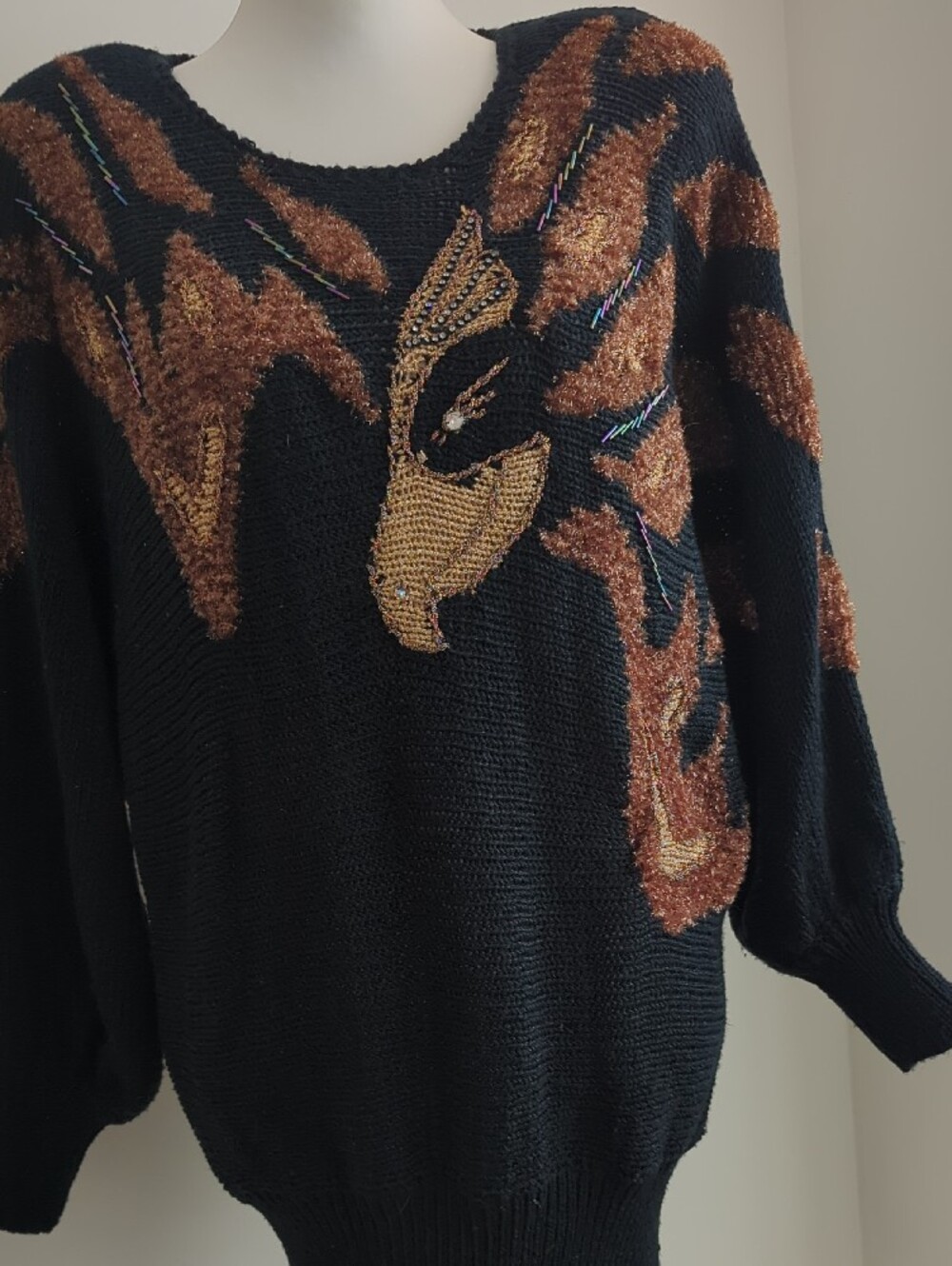 Vtg 1980s Avant Garde Wearable Art Textured Phoenix Flame Knit Sweater LARGE - Picture 10 of 12
